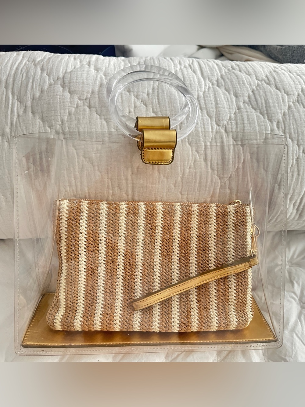 Clear 2 in 1 Tote with Striped Woven Pouch - Gold Accents